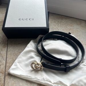 Gucci Pearl GG Marmont Leather Belt Black Gold Buckle Size 90 36